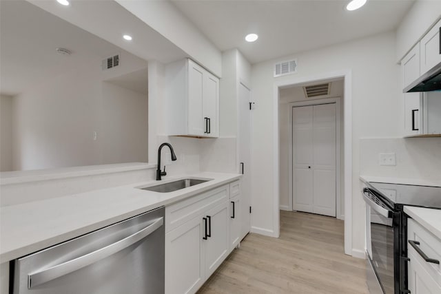 kitchen featuring sink, electric range, stainless steel dishwasher, and white cabinets