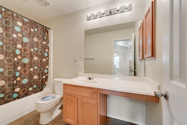 full bathroom with toilet, tile patterned floors, vanity, and shower / bathtub combination with curtain