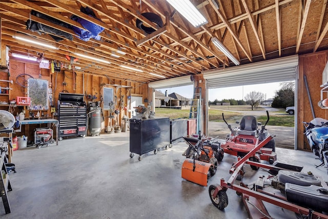 garage with a workshop area