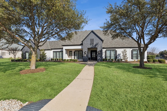 view of front facade with stone siding, a front lawn, and roof with shingles