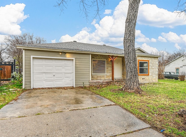 ranch-style home with a garage and a front lawn