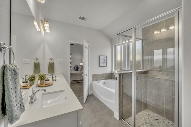 full bath featuring visible vents, tile patterned floors, a sink, a shower stall, and a bath