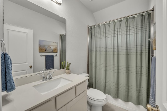 full bath with toilet, vanity, and shower / bathtub combination with curtain