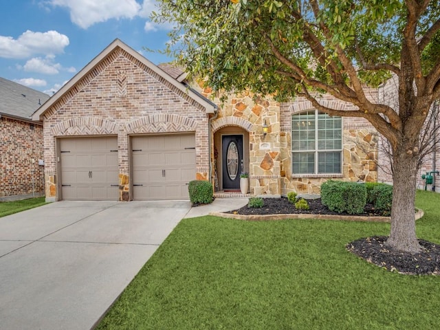 view of front of property featuring a garage, concrete driveway, a front yard, and stone siding