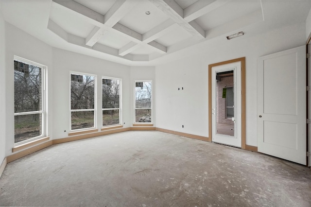 unfurnished room with coffered ceiling and beamed ceiling