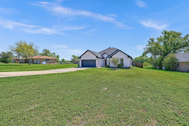 ranch-style house with a garage and a front lawn