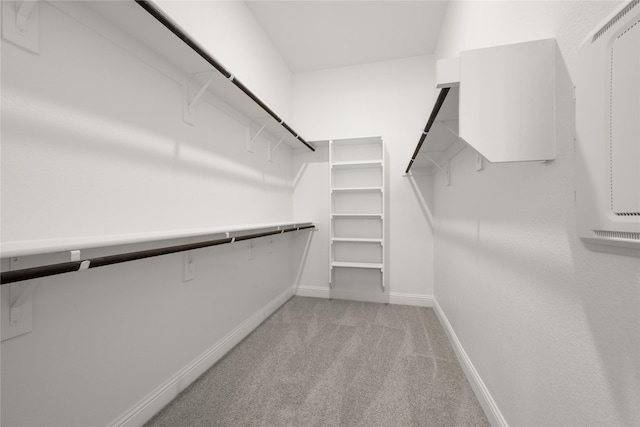 walk in closet with light colored carpet