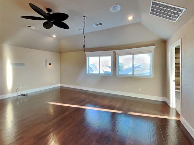 unfurnished living room with lofted ceiling, dark wood-type flooring, and ceiling fan