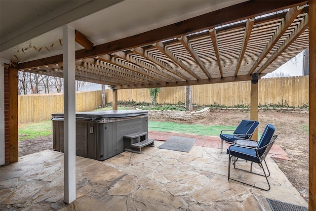 view of patio with a pergola and a hot tub