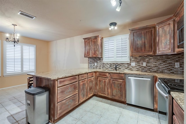 kitchen with appliances with stainless steel finishes, pendant lighting, sink, decorative backsplash, and kitchen peninsula