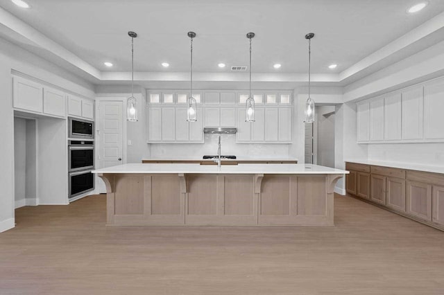 kitchen with white cabinetry, a raised ceiling, a large island with sink, and appliances with stainless steel finishes