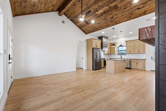 kitchen with appliances with stainless steel finishes, pendant lighting, backsplash, a center island, and wooden ceiling