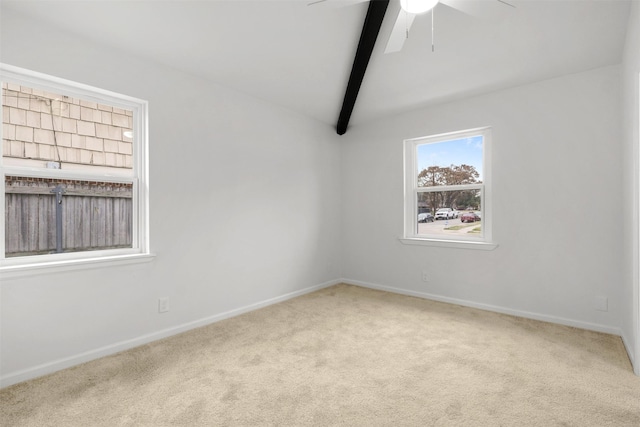 spare room featuring ceiling fan, carpet flooring, and lofted ceiling with beams