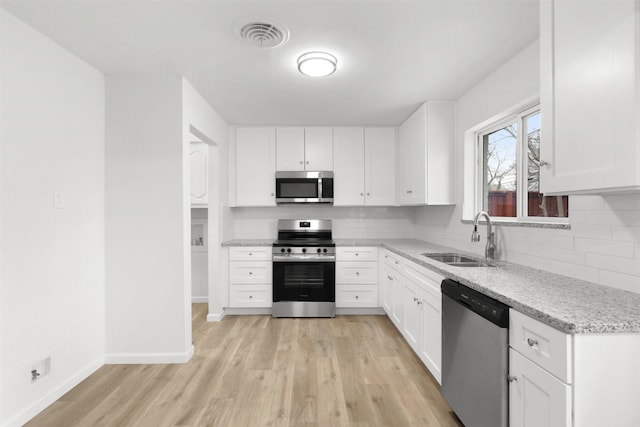 kitchen with sink, appliances with stainless steel finishes, white cabinetry, tasteful backsplash, and light hardwood / wood-style floors