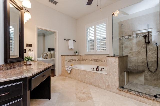 ensuite bathroom with connected bathroom, vanity, visible vents, a tile shower, and a bath