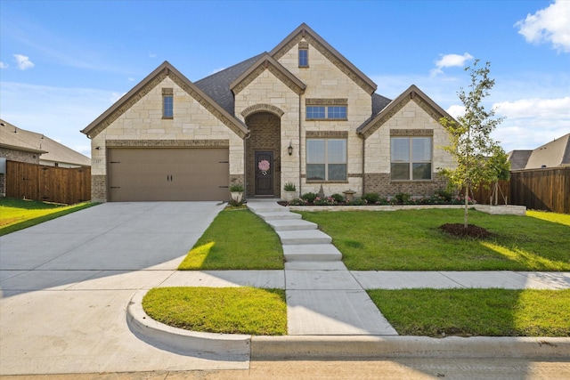 french country inspired facade with a garage and a front lawn