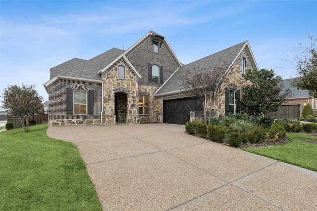 french country inspired facade with an attached garage, stone siding, concrete driveway, and brick siding