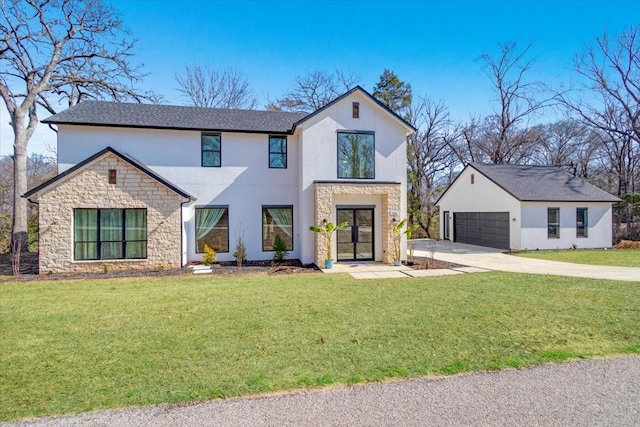 modern farmhouse style home featuring a garage and a front lawn