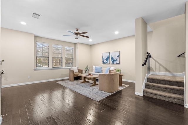 office featuring dark hardwood / wood-style floors and ceiling fan