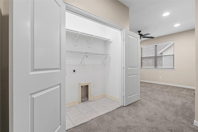 clothes washing area with light carpet, hookup for an electric dryer, and ceiling fan