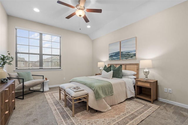 bedroom featuring lofted ceiling, ceiling fan, and carpet flooring