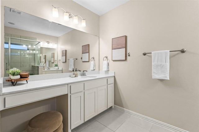 bathroom featuring tile patterned floors, a shower with shower door, and vanity