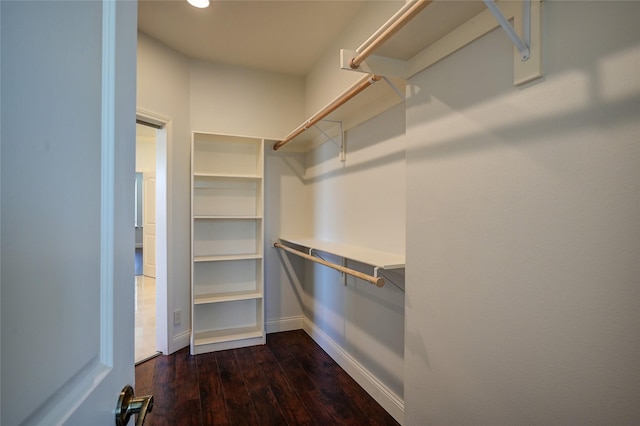 walk in closet with dark hardwood / wood-style flooring