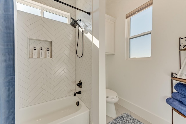 bathroom with shower / bath combination with curtain, toilet, and tile patterned flooring