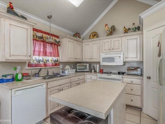 kitchen with crown molding, hanging light fixtures, white appliances, and vaulted ceiling