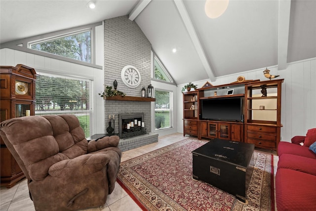 living room with high vaulted ceiling, a brick fireplace, light tile patterned floors, and beam ceiling