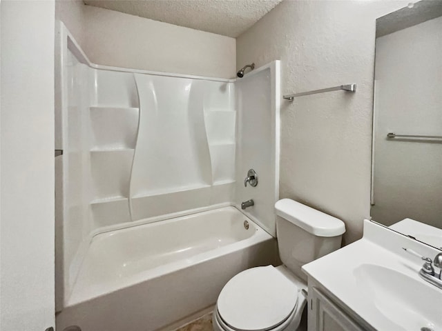 full bathroom featuring shower / bathtub combination, vanity, toilet, and a textured ceiling