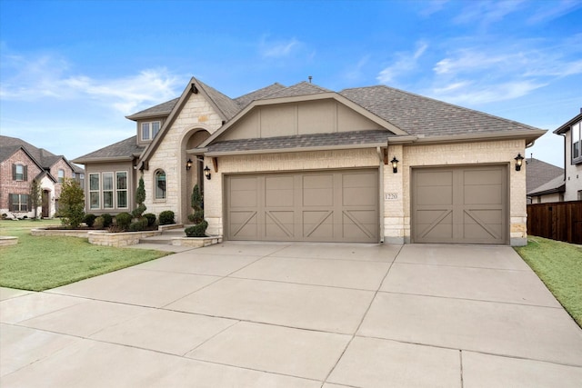 french country style house featuring a front lawn, an attached garage, stone siding, and roof with shingles