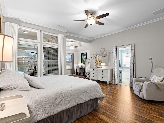 bedroom featuring crown molding, dark hardwood / wood-style floors, and ceiling fan