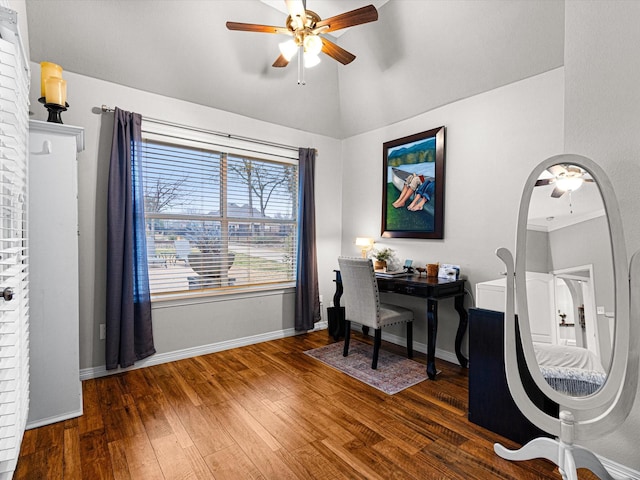 office space featuring lofted ceiling, dark wood-type flooring, and ceiling fan