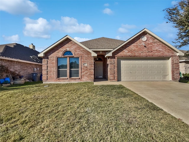 view of front of property with a garage and a front lawn