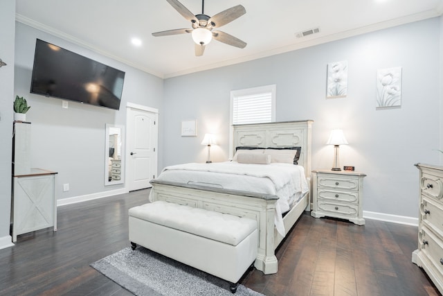 bedroom featuring crown molding, ceiling fan, and dark hardwood / wood-style flooring