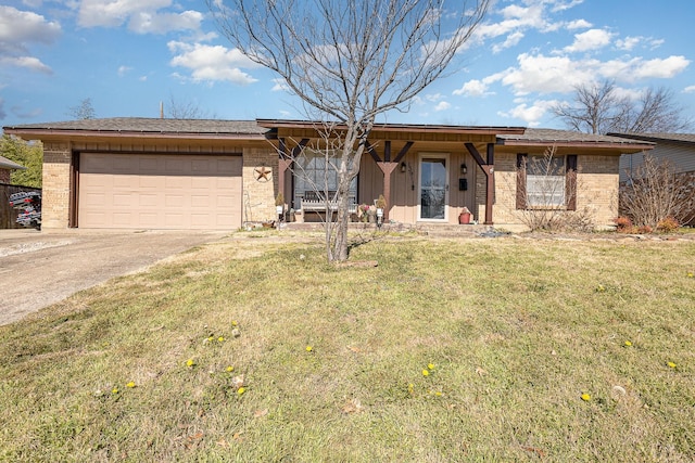 ranch-style house featuring a front lawn, brick siding, driveway, and an attached garage