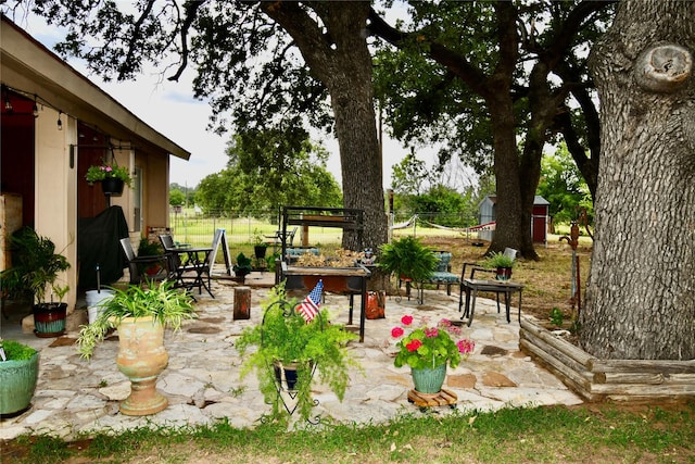 view of yard featuring a storage shed and a patio area