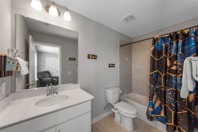 full bathroom featuring vanity, toilet, tile patterned floors, and shower / bath combo with shower curtain