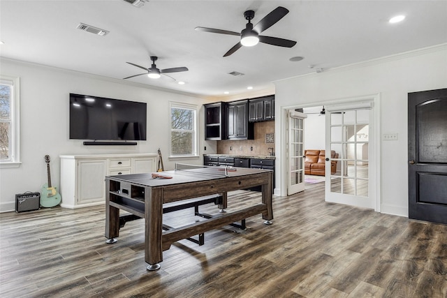 17729 Southpoint Rd, Whitehouse, TX 75791 - living area with crown molding, a ceiling fan, wood finished floors, french doors, and baseboards