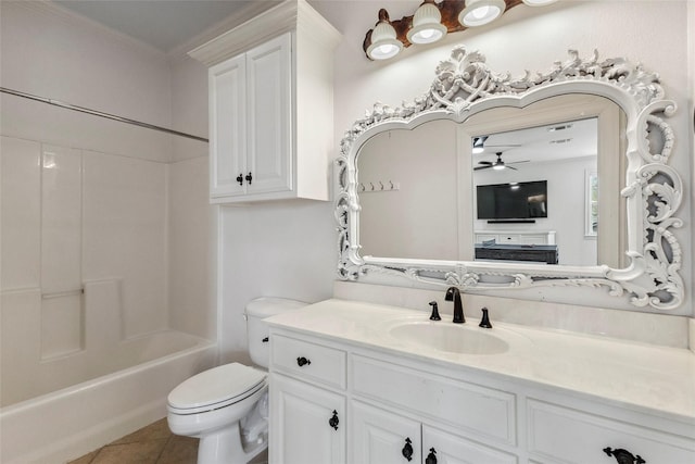 17729 Southpoint Rd, Whitehouse, TX 75791 - bathroom with ceiling fan, vanity, toilet, ornamental molding, and tile patterned flooring