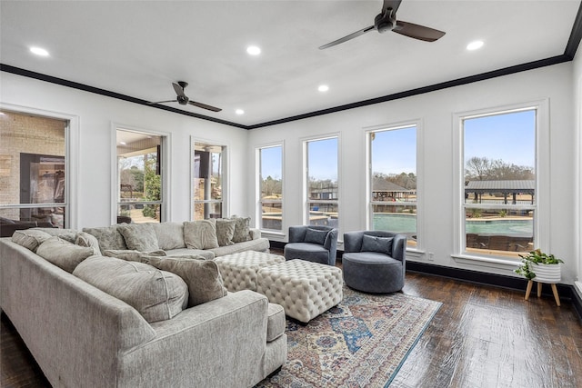 17729 Southpoint Rd, Whitehouse, TX 75791 - living area featuring a ceiling fan, ornamental molding, dark wood finished floors, and recessed lighting
