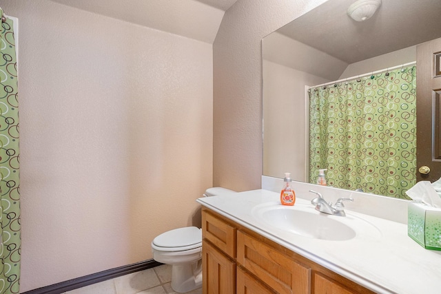 full bath with a shower with shower curtain, toilet, lofted ceiling, tile patterned floors, and vanity