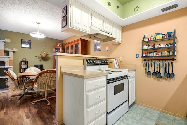 kitchen with white cabinetry, white electric stove, hanging light fixtures, and a textured ceiling