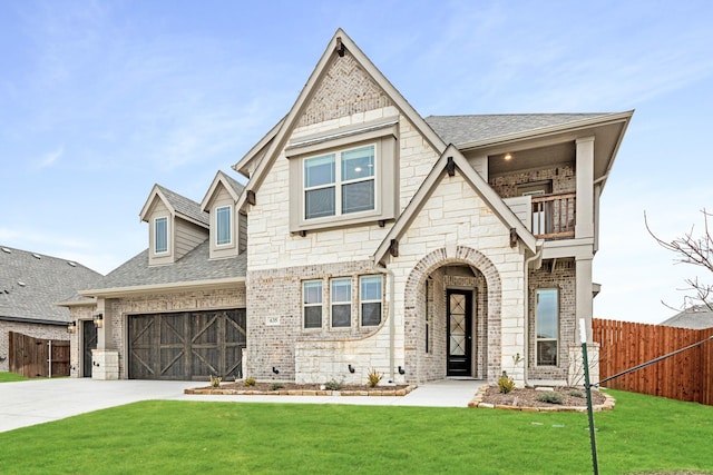 view of front of home featuring a balcony and a front lawn