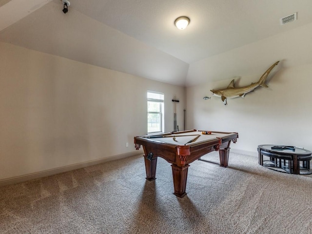 rec room with lofted ceiling, billiards, and carpet flooring