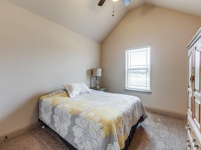 carpeted bedroom with lofted ceiling and ceiling fan