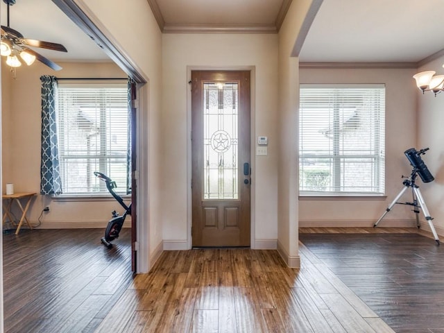 foyer entrance with crown molding, plenty of natural light, and wood-type flooring