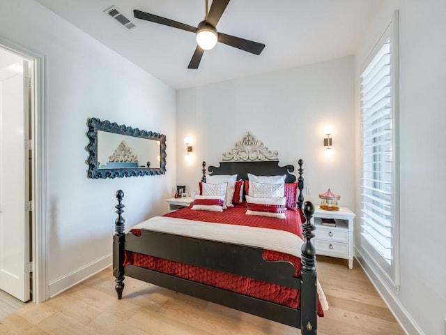 bedroom featuring ceiling fan and light wood-type flooring