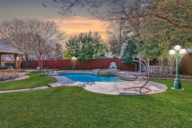 7405 Sugarbush Dr, Garland, TX 75044 - view of pool featuring a fenced backyard, a gazebo, a pool with connected hot tub, exterior kitchen, and a patio